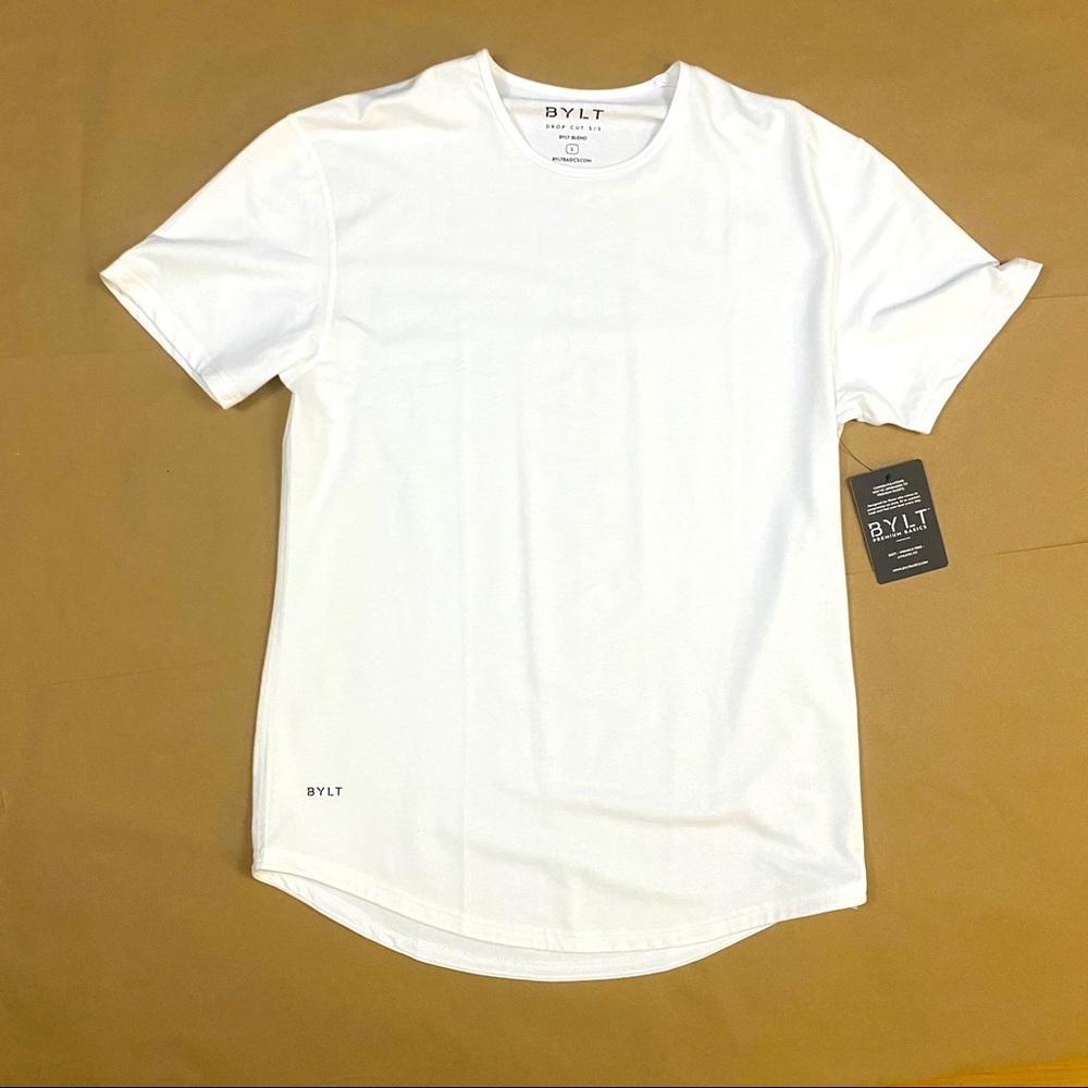 Large white drop-cut t-shirt from BYLT Premium Basics. Athletic fit. NEW.